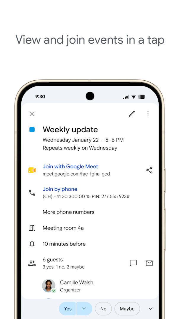 Google Calendar day view with event details