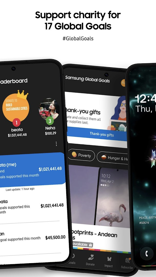 Samsung Global Goals donation screen where accumulated ad earnings go to a selected Goal