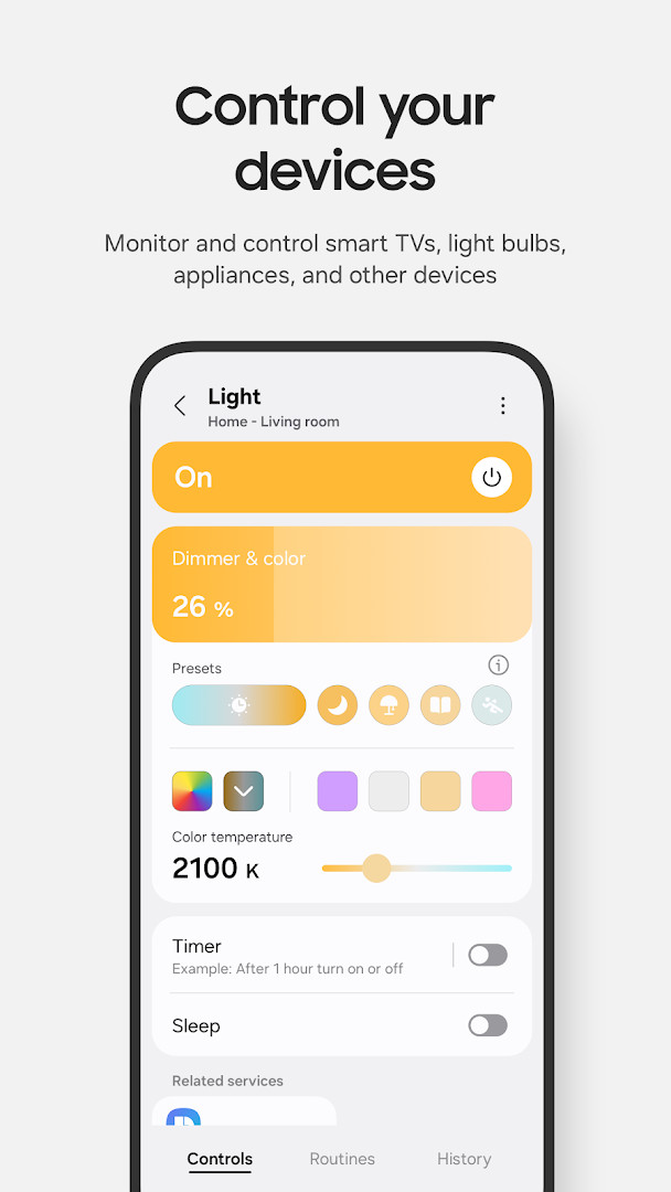 SmartThings device control screen for a Samsung smart TV