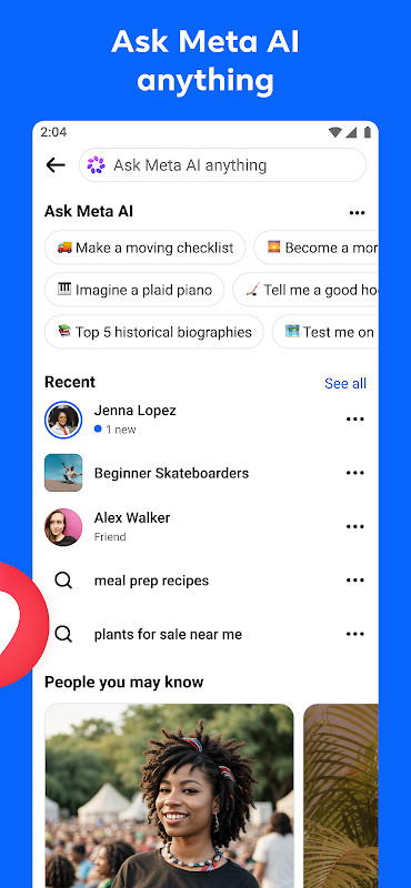 Facebook video and voice call screen for catching up with friends