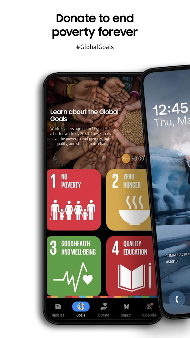 Samsung Global Goals home screen showing the 17 UN Sustainable Development Goals