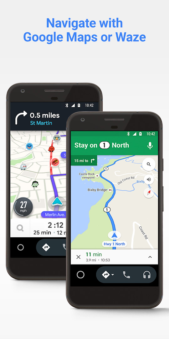 Navigation view in Android Auto with turn-by-turn directions and traffic alerts
