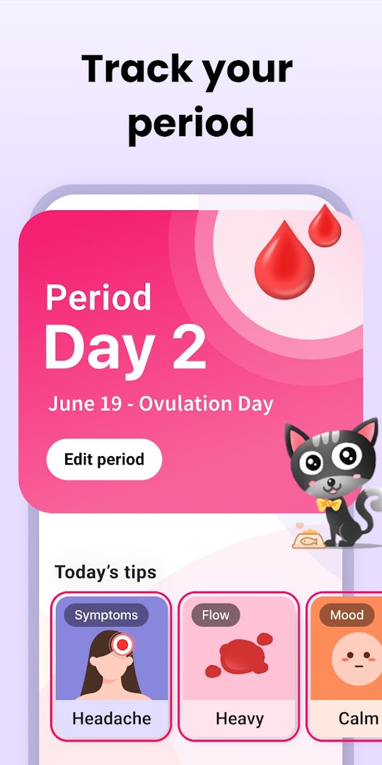 Period Calendar Period Tracker period log screen with flow and cycle tracking options