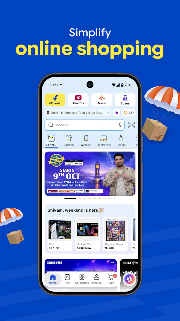 Flipkart Online Shopping App Flipkart Minutes section displaying 10-minute delivery options.