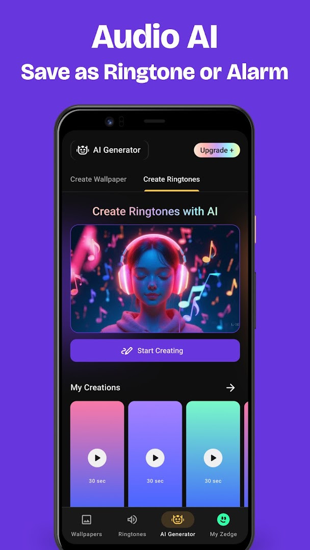 ZedgeTM alarm and notification sound selection screen