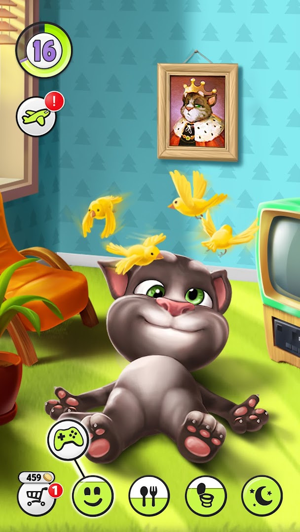My Talking Tom screen with the virtual pet cat ready to chat
