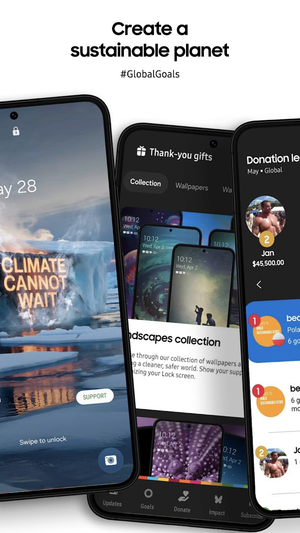 Samsung Global Goals goal details page with articles and wallpapers for a chosen Goal
