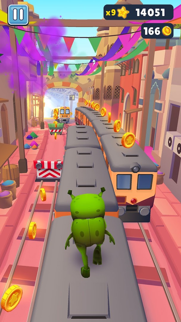 Subway Surfers swipe acrobatics as a runner leaps between obstacles