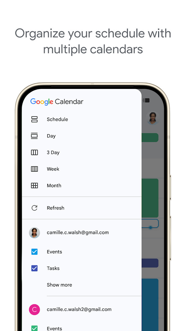 Google Calendar dark mode with color-coded events