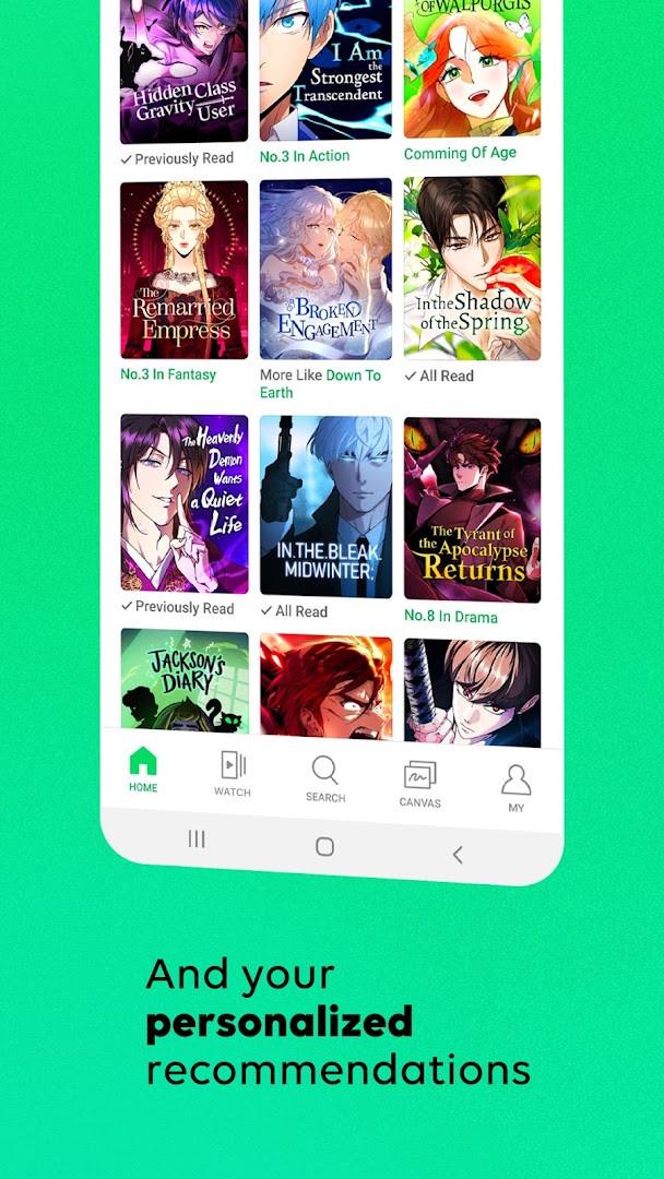 WEBTOON library screen with downloaded series and reading progress.