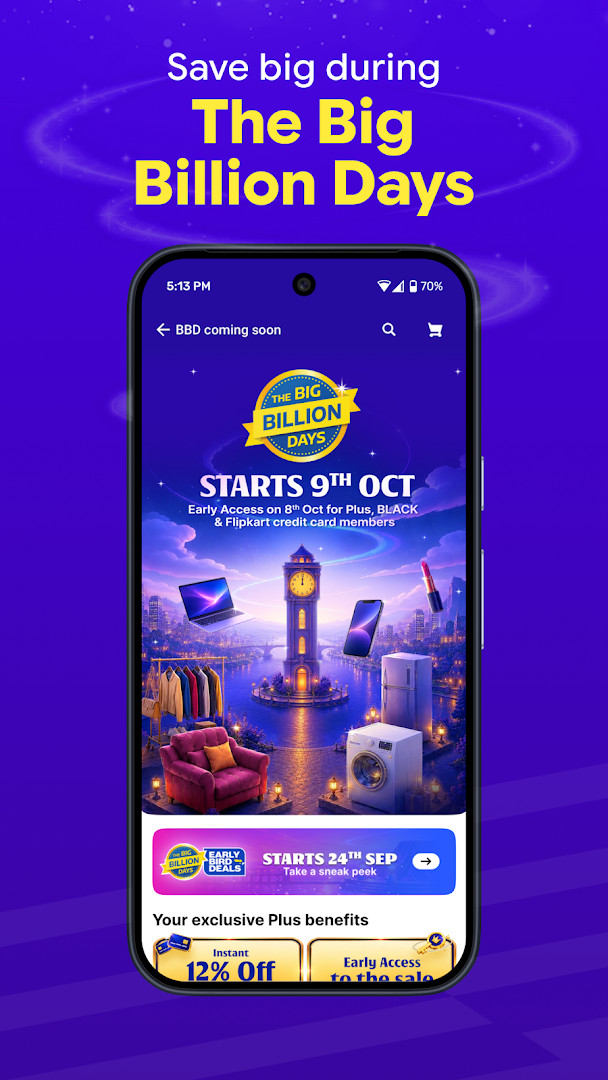 Flipkart Online Shopping App home screen showing product categories and search bar.