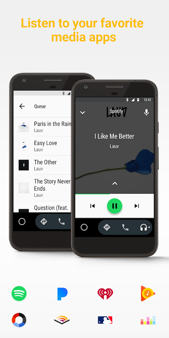 Media playback screen in Android Auto listing supported music and radio apps