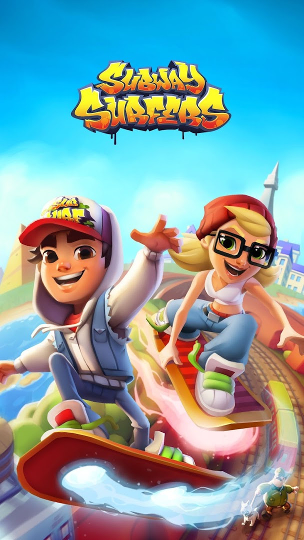 Subway Surfers gameplay showing Jake dodging oncoming trains on the tracks