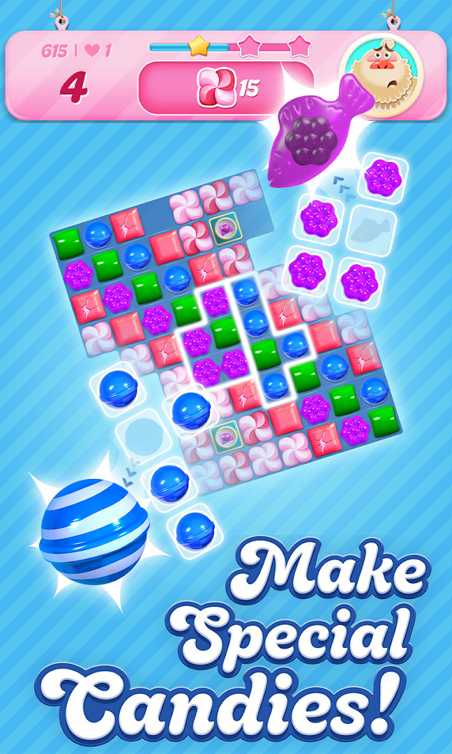 Candy Crush Saga match-3 puzzle board with colorful candies.