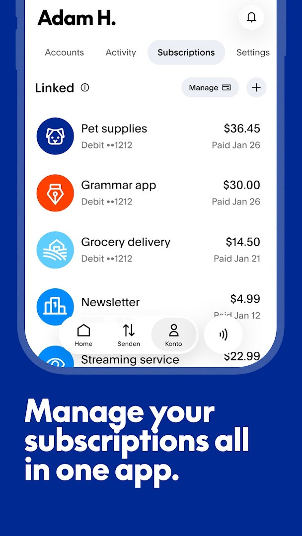 PayPal Debit Card screen showing a monthly category for 5% back in rewards points