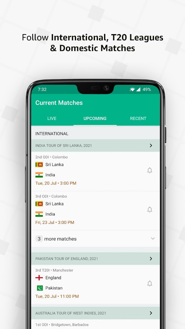 Cricbuzz app rankings and stats page showing player and team data.