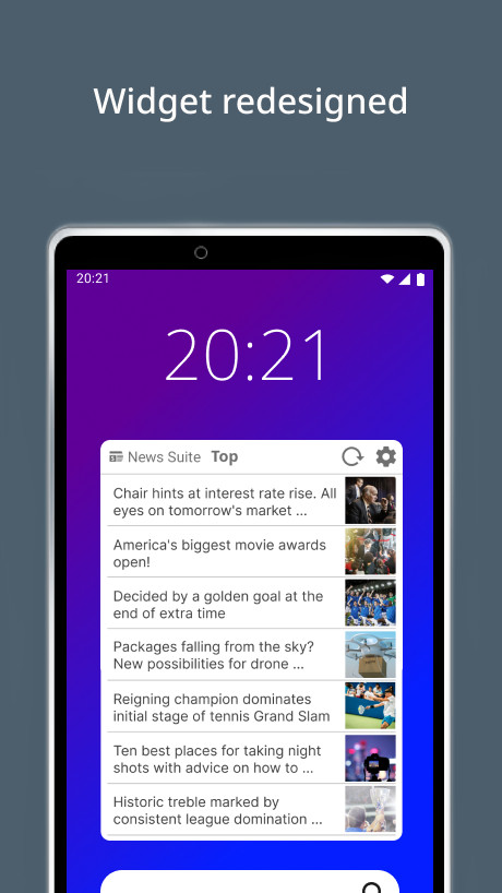 News Suite by Sony home screen showing the newly designed news widget.