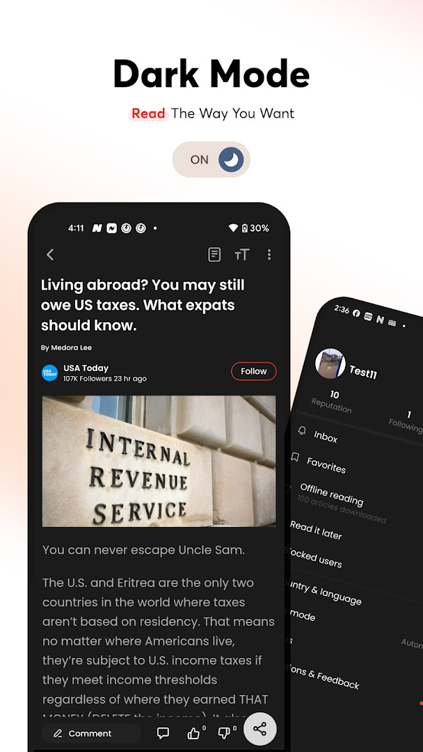 Offline reading mode showing saved articles and weather alerts for later access