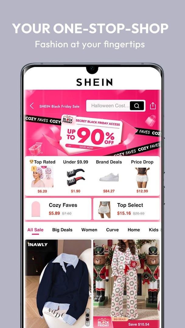 SHEIN-Shopping Online category browsing menu with apparel, beauty, and accessories.