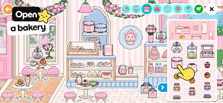 Café roleplay scene with a character serving food to customers