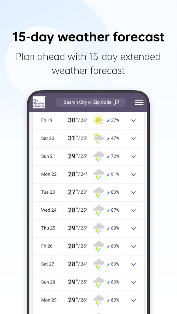 Current conditions screen with temperature, humidity, and wind details for a selected city
