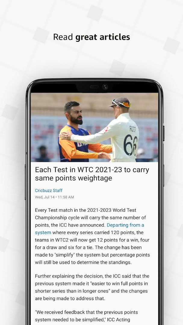 Cricbuzz app news section with cricket editorials and breaking updates.