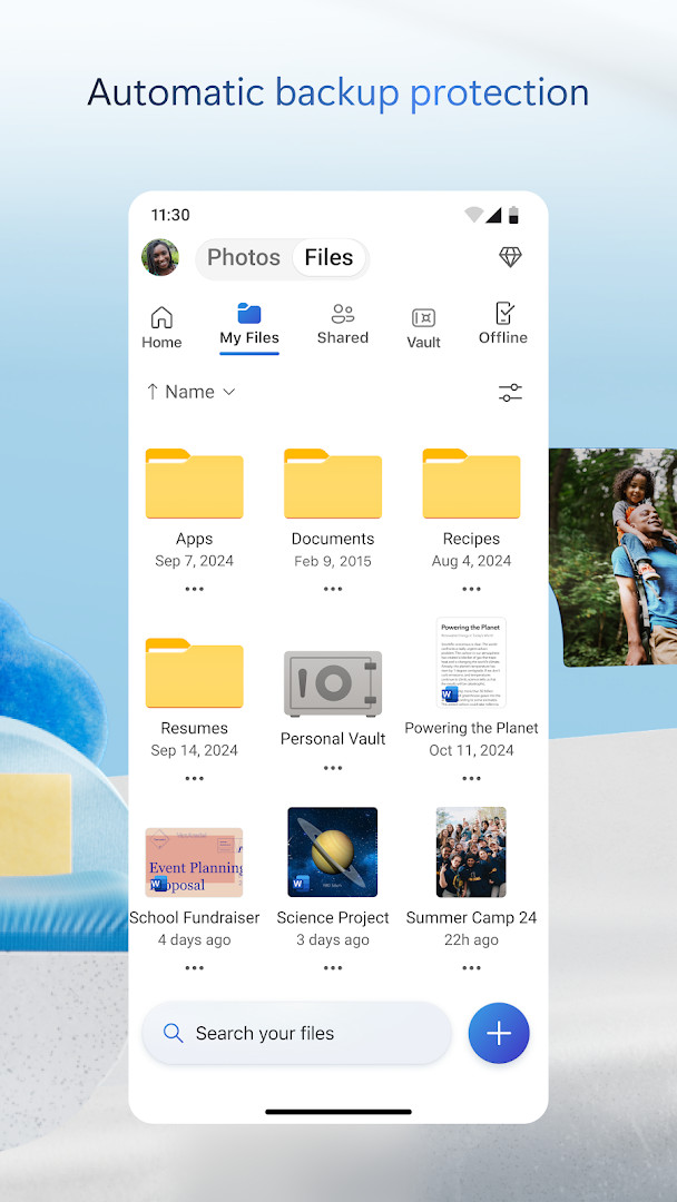 Camera Upload settings with photo and video backup toggles