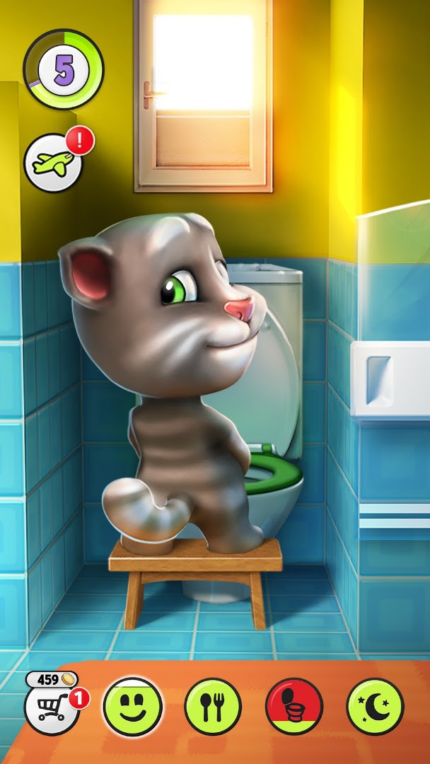 My Talking Tom wardrobe screen showing fashion and furniture items to collect