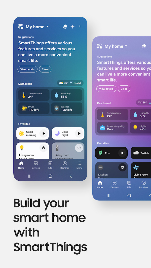 SmartThings Home tab showing favorite devices and quick controls