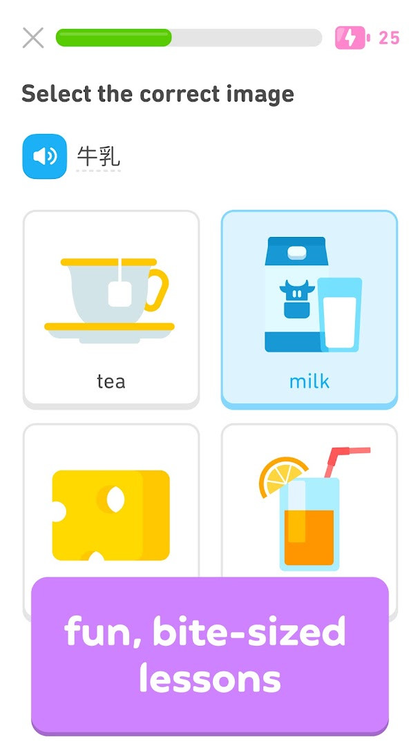 Bite-sized lesson screen with matching words and translation exercises