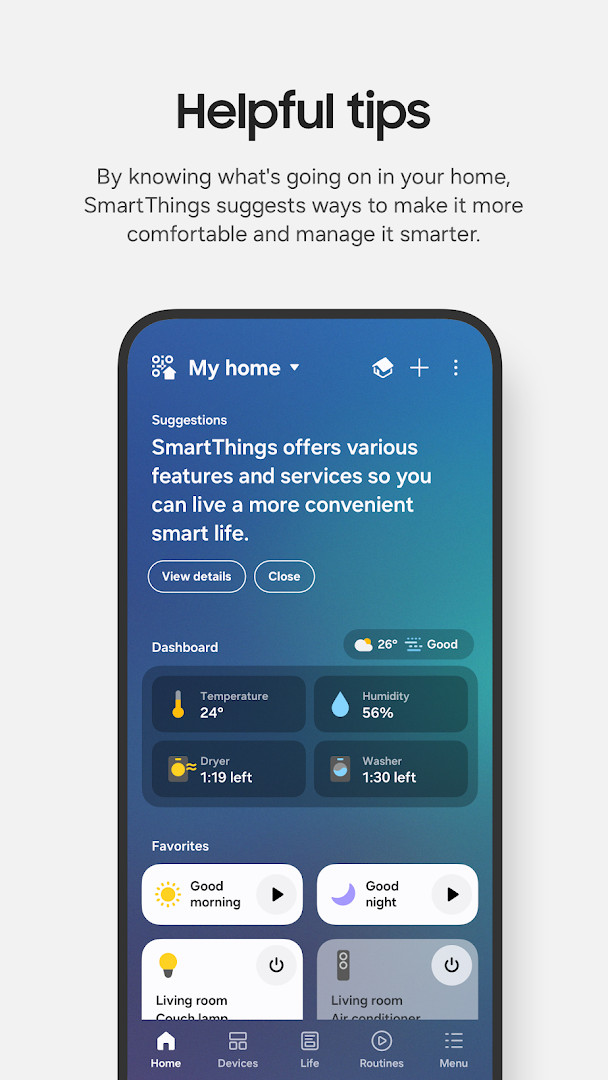 SmartThings app displaying a list of connected smart home devices