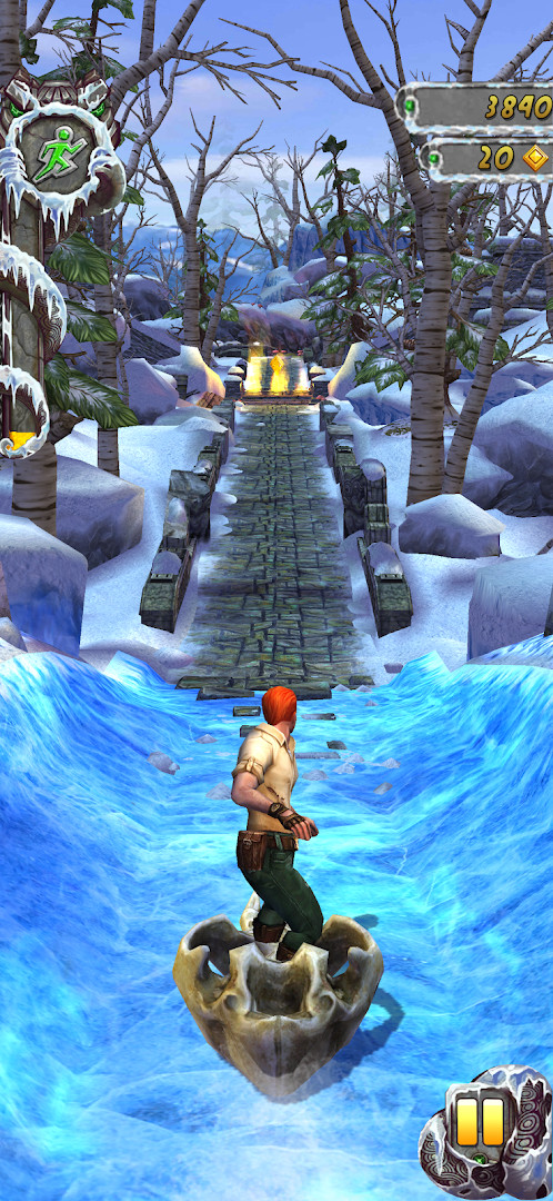 Gameplay view of a runner sprinting along a jungle path while being chased