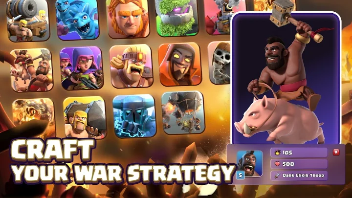 Clash of Clans army composition screen showing troops and spells