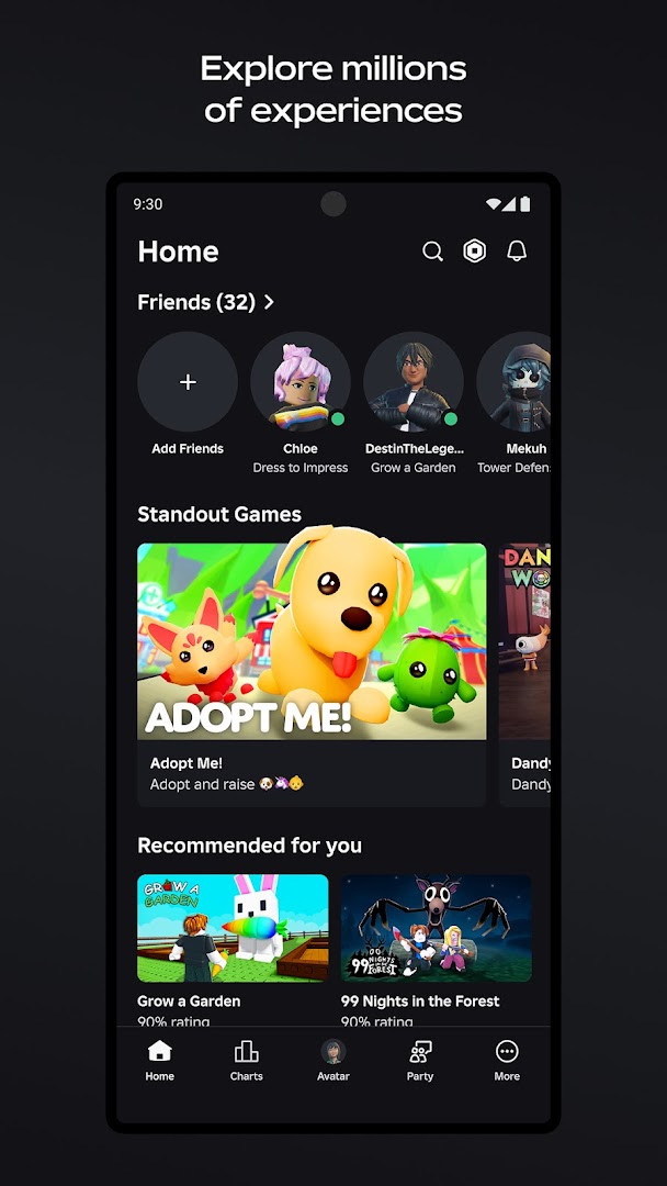 Home screen of Roblox showing a grid of colorful game thumbnails and a search bar