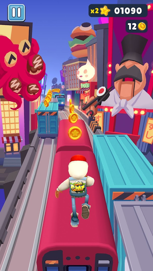 Subway Surfers crew grinding along trains during a fast-paced run