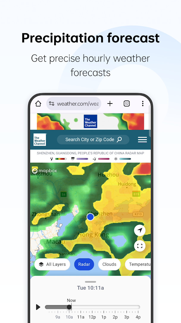 Hour-by-hour forecast panel displaying temperature and precipitation for the next 24 hours