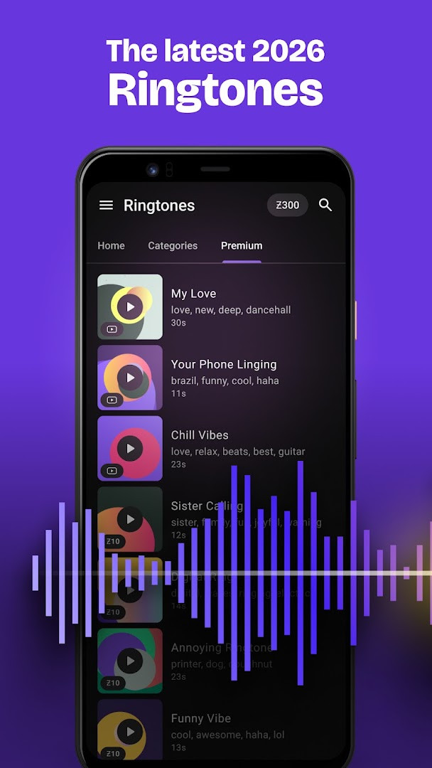ZedgeTM ringtone player with audio preview and download button