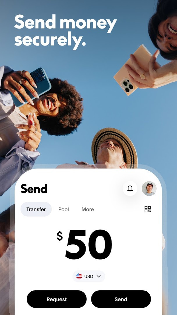 Screen for sending money to a contact within the US or to one of 110+ countries
