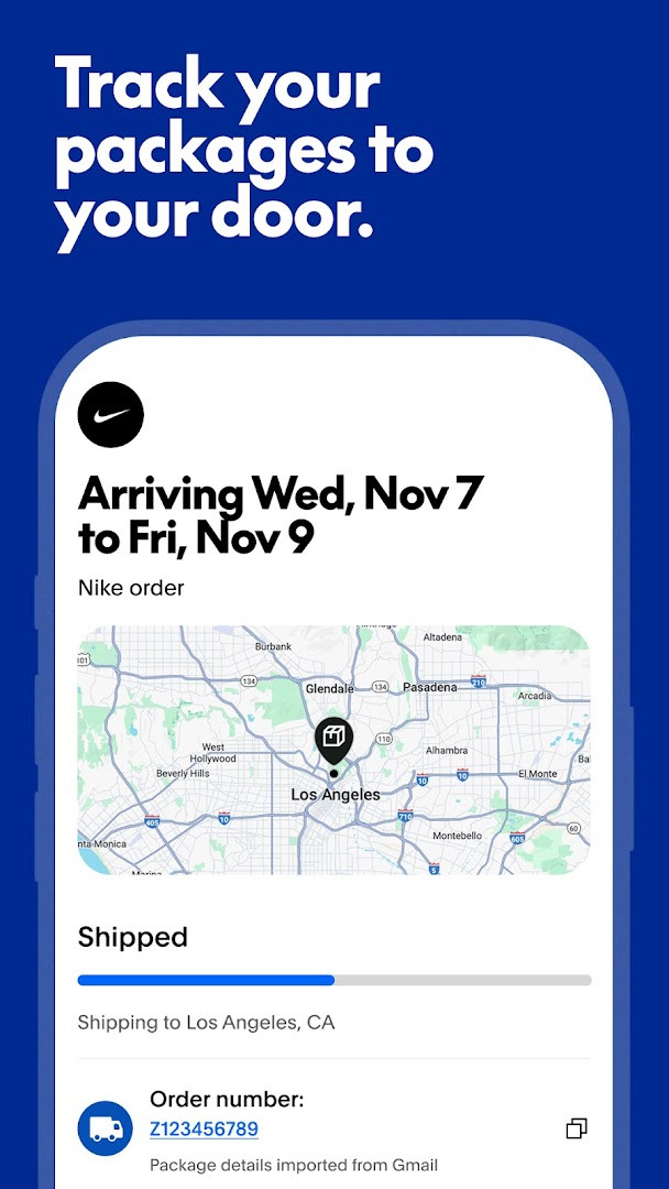 Package tracking screen listing orders and delivery status after linking Gmail or Outlook
