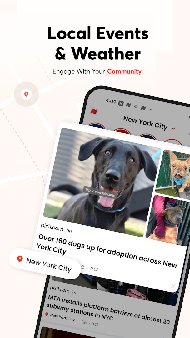 Local news section listing stories from over 15,000 trusted community sources