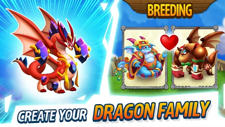 Floating Dragon City overview with farms, habitats and training buildings across magical islands