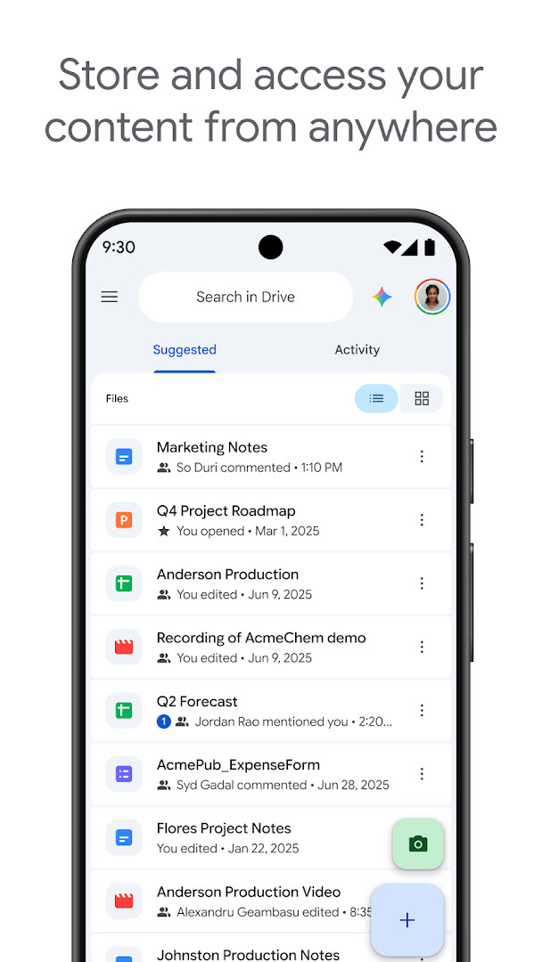 Google Drive home screen showing recent and important files