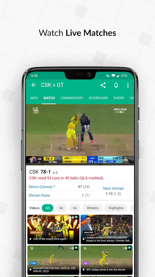 Cricbuzz app live streaming interface for IPL matches in Full HD.