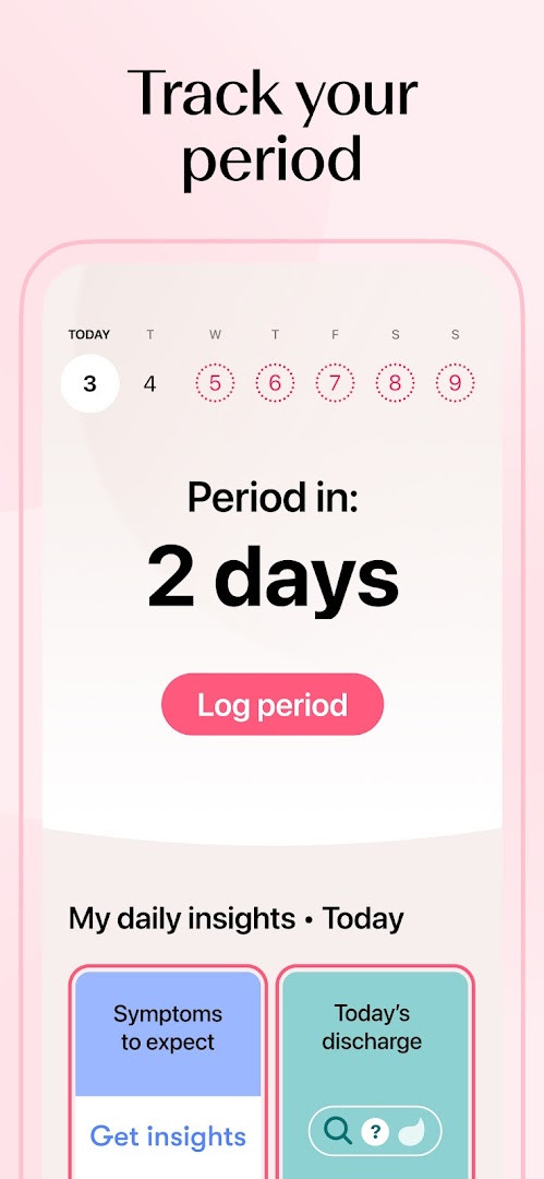 Cycle calendar with marked period days and predicted ovulation window.