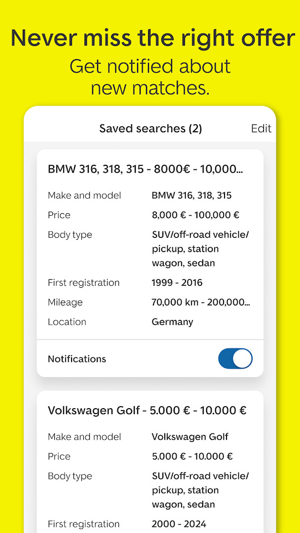 AutoScout24 saved searches and favorite vehicles list