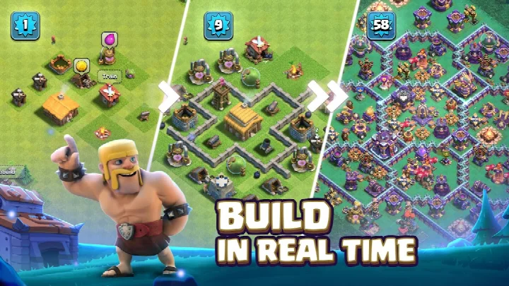 Clash of Clans village layout with buildings and defensive walls
