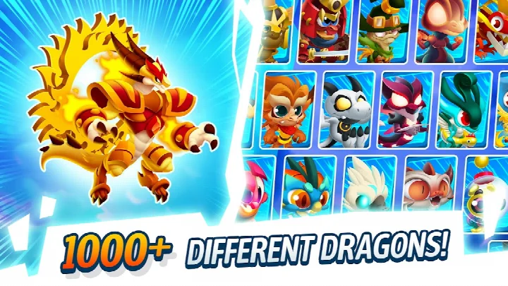 Dragon collection screen showing dozens of dragons sorted by Flame, Nature, Legend and Sea elements