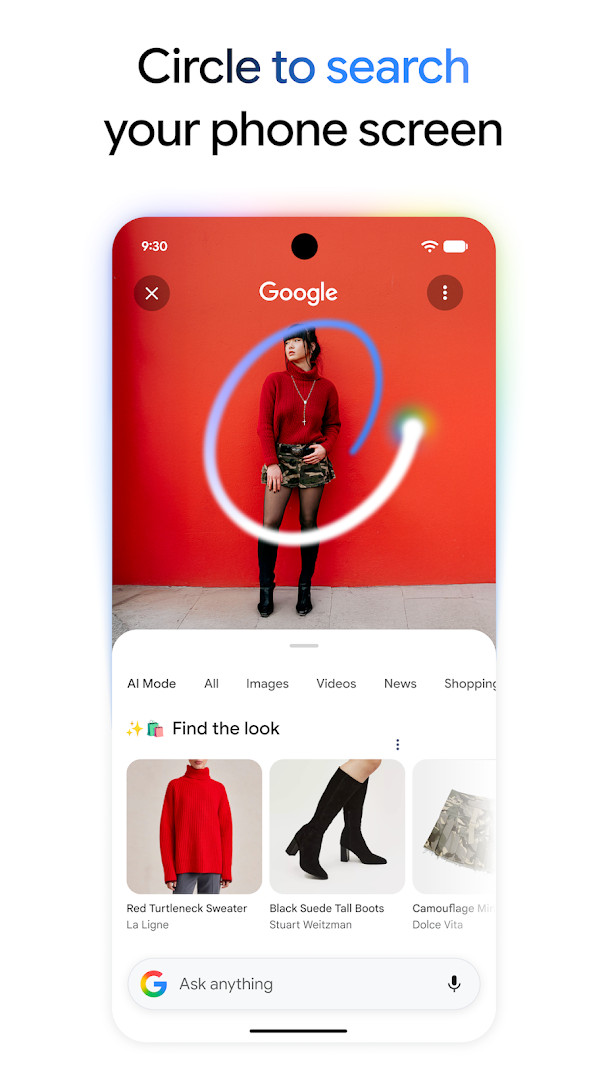 Google Lens camera view identifying a plant with related search results.