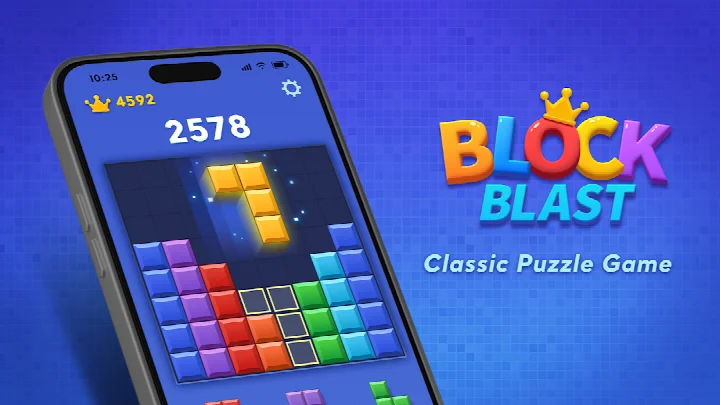 Block Blast! main puzzle screen with an 8x8 board and colorful blocks