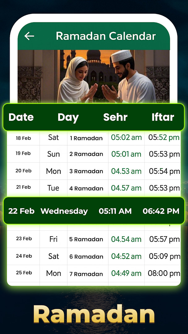 Suhoor and Iftar timings screen for Ramadan with daily schedule.